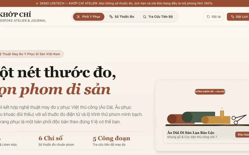 Giao diện demo KHỚP CHỈ Atelier — Một nét thước đo, trọn phom di sản